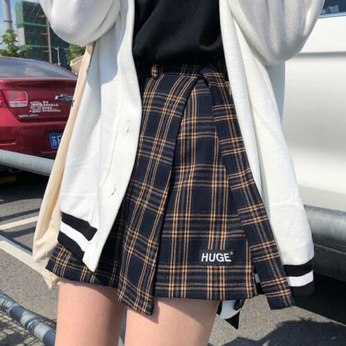 Vintage Chic Irregular Plaid Skirts Women High Waist Lace Up Mini Skirt Shorts Plus Size Black Khaki Skirt jupe femme
