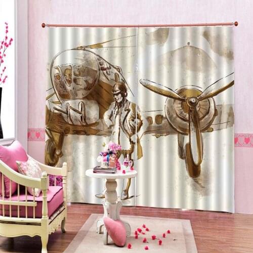 Vintage Airplane Decor Blackout living room bathroom Shower Curtain a Pilot Historic Aircraft Homecoming Image Decor Set