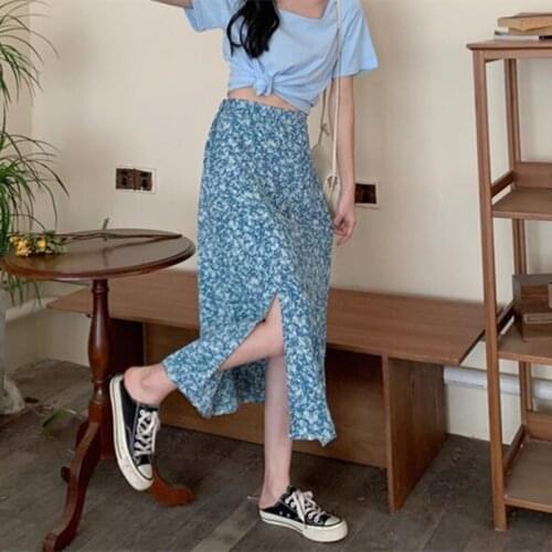 Womens Skirt Vintage Clothes Long Skirts Blue Harajuku Summer High Waist Streetwear 2021 Fashion flowy Spring Elastic Chiffon