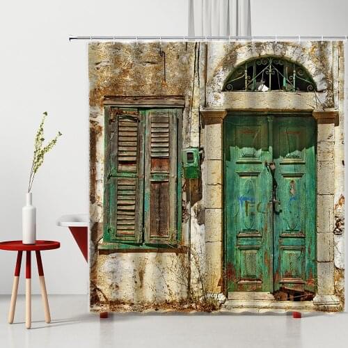 Shower Curtain Retro Bronze Gate Wood Grain Window Brick Stone Pattern 3D Printing Rural Old Door Waterproof Bathroom Curtains