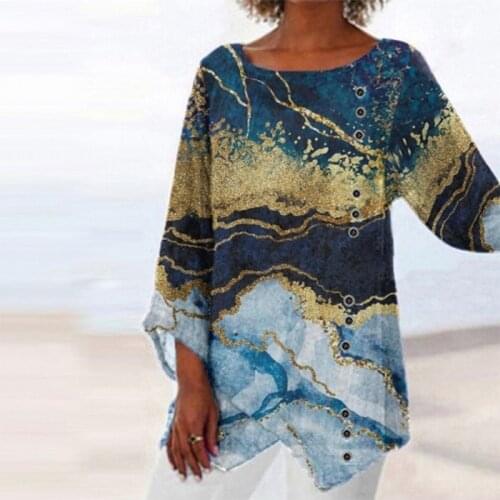 Autumn Vintage Print Lady Top Blusa Women Casual Long Sleeve O Neck Shirt Blouse Fashion Loose Irregular Hem Pullover Shirt 2021