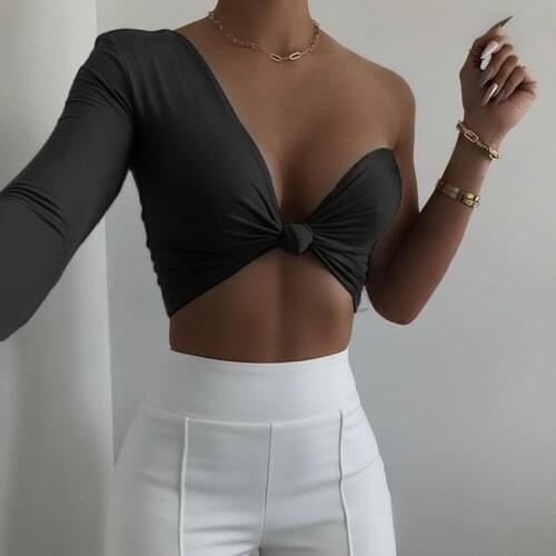 Women Sexy Single Shoulder T Shirt Summer Solid Color V-neck Irregular Hem Chest Knotted Midriff-baring Tops Black/Pink/White