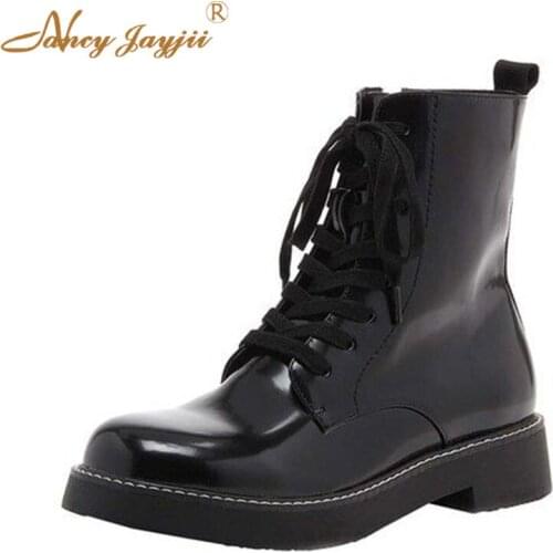 Women shoes Adult Ladies Ankle Black boots Zipper Med Square heels Ankle Strap Round Toe Cross-tied Spring/Autumn Fashion 2021