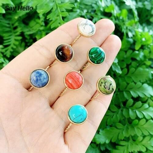 SAY HELLO Natural Stones Inlaid Rings for Women Geometric Round Malachite Turquoises Finger Rings Adjustable Size Ringe K6636