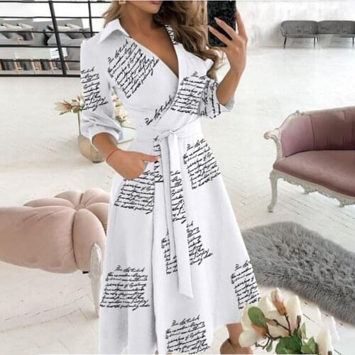 Woman Tunics Lace Up Print Midi Dress 3/4 Sleeve A-line Patchwork Dresses For Women 2021 Summer New Office Lady V-neck Tunic