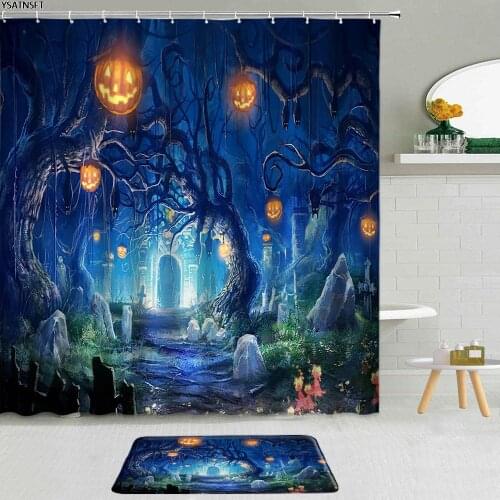 2Pcs Halloween Magic Forest Shower Curtain Cartoon Elf Pumpkin Children Fabric Non-Slip Bath Mat Bathroom Curtains Set Washable
