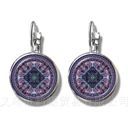 2018 Life Earrings Fashion OM Yoga Chakra Mandala Glass Jewels Sacred Geometric Purple Flower Silver Plated Stud Earrings