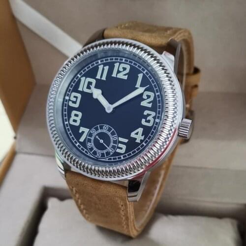 44mm No logo Dogtooth border case stainless steel Manual mechanical mens Watch Black dial green large number Khaki strap G133