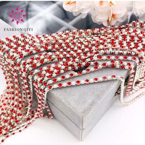 5 yards 2mm Sliver base Red glass crystal rhinestones pearls mixed with claw sew on cup chain diy wedding clothing accessories