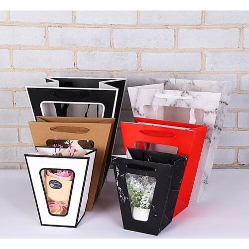 50Pcs/Lot Portable Trapezoid Flower Gifts Paper Bag Handheld Transparent Window Gift Package Containers FOR Wedding Party