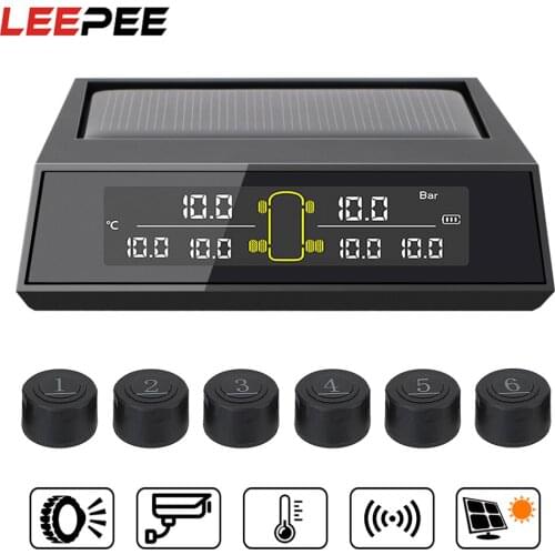 6Pcs/set Car Solar Power TPMS Tire Pressure Monitoring System External Sensor LCD Color Screen Monitoring Tire Pressure Range