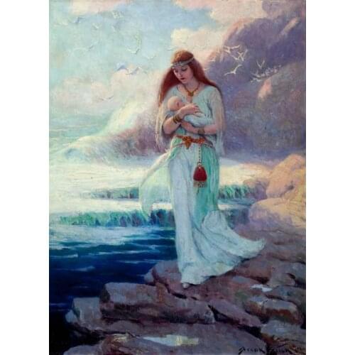 Free shipping classical seaside Mother holding baby court oil painting canvas prints on canvas home wall art decoration picture