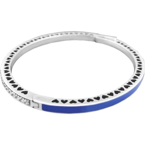 CKK Bracelets Radiant Hearts Silver Bangles with Dark Blue Enamel 100% 925 Sterling Silver Jewelry For Women Gift
