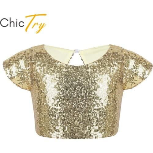 ChicTry Girls Cap Sleeves Sparkly Sequins Keyhole Back Crop Tops for Kids Jazz Gymnastics Ballet Stage Performance Dance Costume