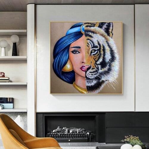 Women And Tiger Oil Painting Wild Animals Canvas Art Painting Posters and Prints Cuadros Wall Art Pictures For Living Room