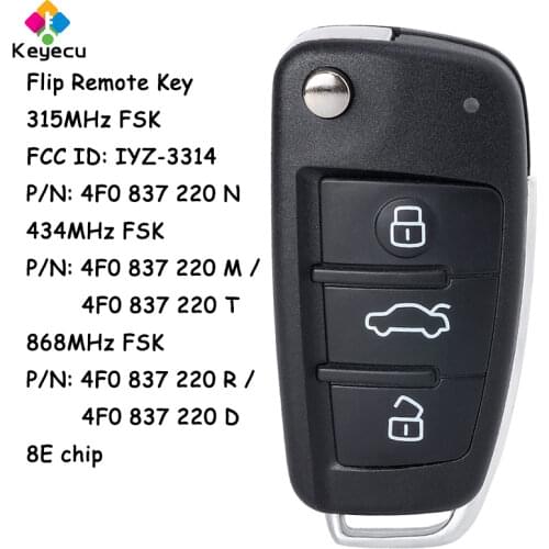 KEYECU 4F0 837 220 N/ M/ T/ R/ D FCC ID: IYZ 3314 Flip Remote Control Car Key With 3 Button 8E Chip - Fob for Audi A6 Q7 S6