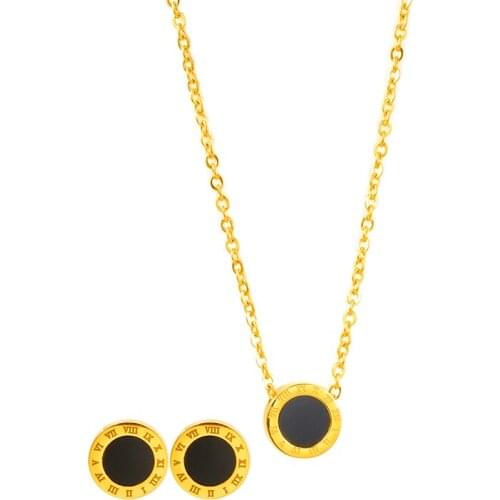 Fashion Roman Numerals Women Jewelry Set Stainless Steel Necklace Earrings Black Shell Pendant Ladies Girls Jewelry Gifts