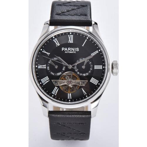 NEW Parnis 42.5mm ST2502 Automatic Mens Wristwatch Black Dial Auto Date Week display leather strap Rman numerals Flywheel