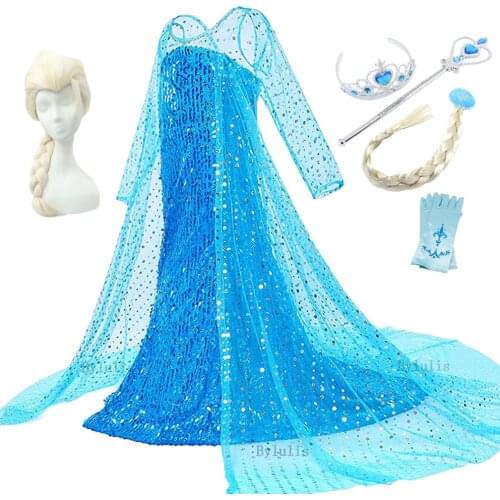 Birthday Party Girls Princess Elsa Dress Summer Toddler Girl Long Sleeve Blue Dresses with Long Tail Sequins Halloween Costumes