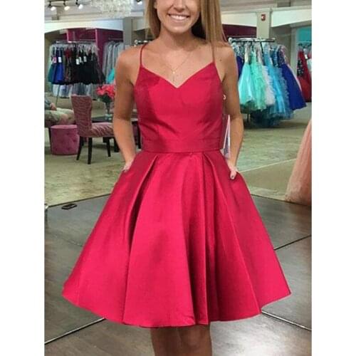 Simple Homecoming Dresses V-Neck Straps Sleeveless Prom Gowns with Pockets Satin A-Line Mini Party Dresses Graduation Gowns