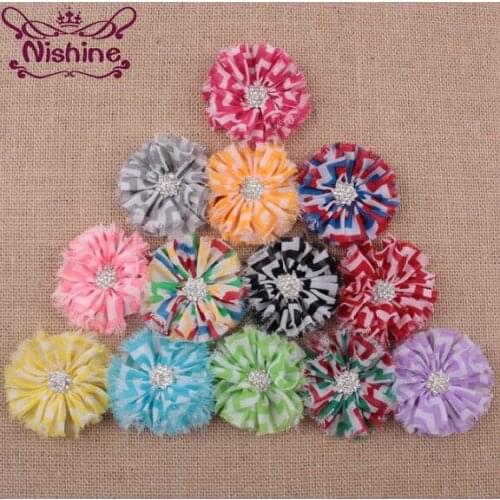 Nishine 30pcs/lot 2.8" Chiffon Striped Wave Shabby Flower With Rhinestone Button For Women Girl Hair Clip DIY Hair Accessories