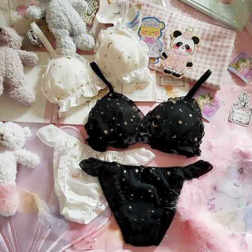 Wriufred Cute romantic girl bra set heart starry sky moon chiffon wire free triangle cup bralette sweet student underwear