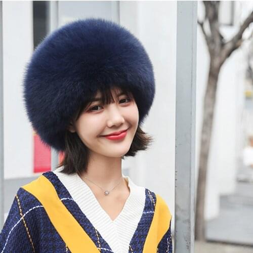 Natural Fox Fur Winter Hats for Women 100% Real Fur Lei Feng Caps Warm Russian Bomber Hats with Genuine Leather Sheepskin Tops