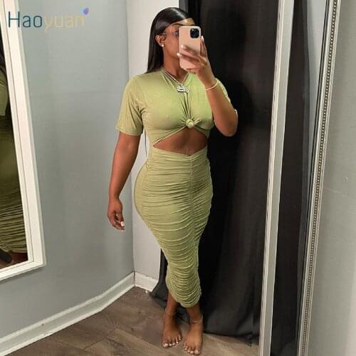 HAOYUAN Sexy Bodycon Maxi Dress Short Sleeve Hollow Out Birthday Outfits for Women Draped Skinny Clubwear Ladies Long Dresses