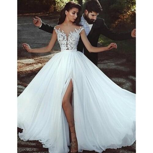 Bohemian Wedding Dress Robe De Mariee Sexy Side Slit Lace Applique Beach Wedding Dresses Plus Size Bridal Gown Vestido De Noiva