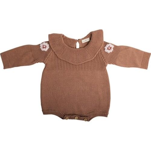 Warm long sleeve knitted clothes baby girls floral embroidery jumpsuit for newborn girls overalls onesie children outfits