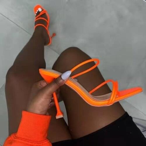 Summer Pumps Sexy Party Slippers Sandals Women Thin High Heels Square Toe Sandal Ladies Green Orange Color Pump Shoes Mules INS
