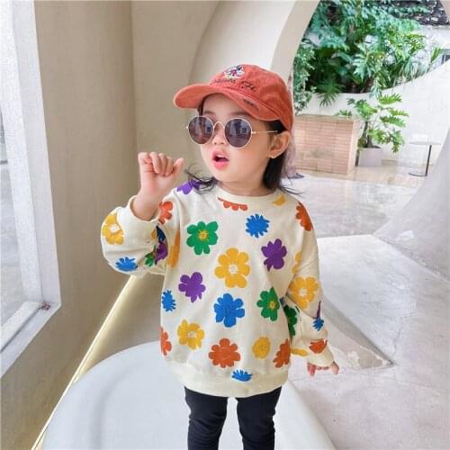 Spring Autumn Little Girl Cotton Fashion Sweatshirt Floral Colorful Flower Pattern Pink Children Clothes Full Sleeve Kid T-shirt