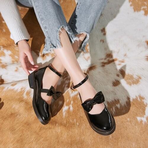 YQBTDL 2020 New Fashion Man Made Patent Leather Bow Design Mary Jane Shoes Lolita Low Chunky Heels Pumps Black Wine Red 35-43