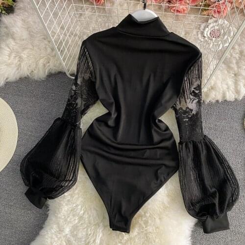 Salid Black Lace summer jumpsuit women High Collar High Waist Sexy Club jump suit Hollow Out Lantern Sleeves overalls 2021