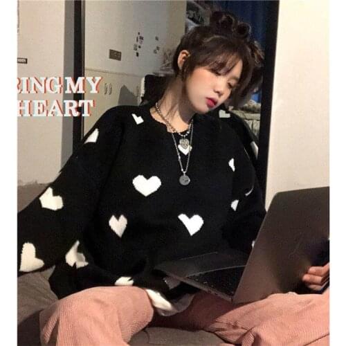 Autumn Winter Women Sweater Korean Love Heart Knitted Pullover Tops Causal Long Sleeve O-Neck Pull Femme 2021