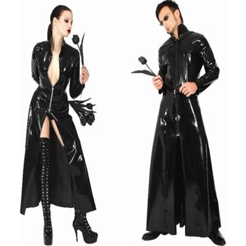 Plus Size Leather PU Wet Look Women and Men Black Full Length Coat Long Gown Coat Faux Leather PU Coat Long Trench Coat
