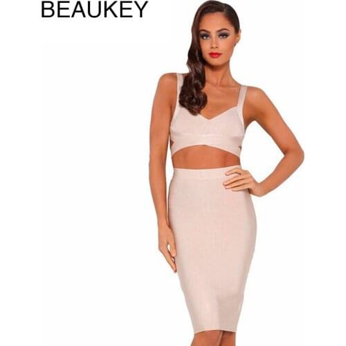 Nude Black White Red 2 Piece Sexy Women 2016 Spaghetti Strap Rayon Knee Length High Waist Bodycon Bandage Dress