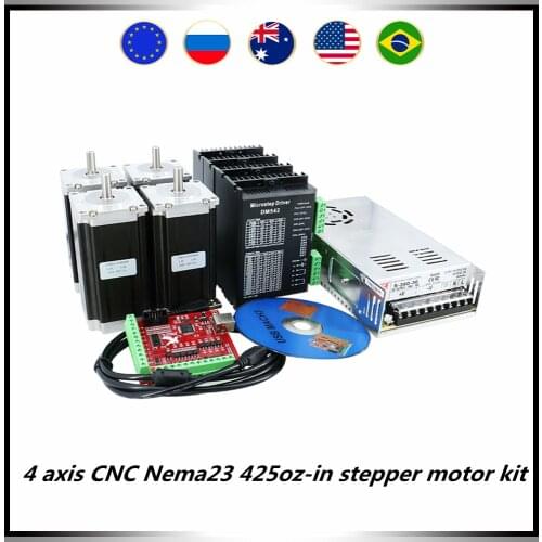 4 axis CNC Nema23 57 stepper motor kit include 4 pcs 3Nm 425oz.in motor +4 pcs drivers + 1 pcs 350w36v power supply + MACH3 card