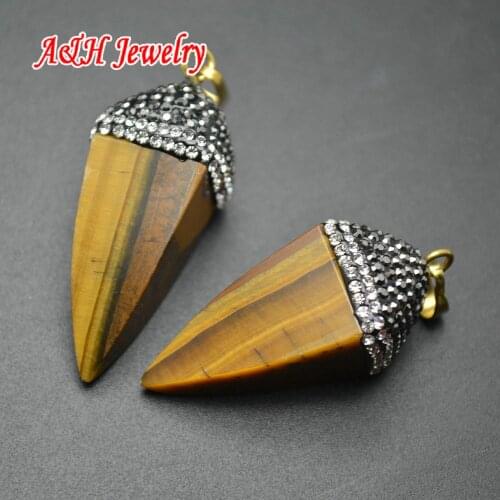 5pcs Natural Tiger Eyes Tetrahedron Shape Pendant With Rhinestone Paved Fashion Women Jewelry Making