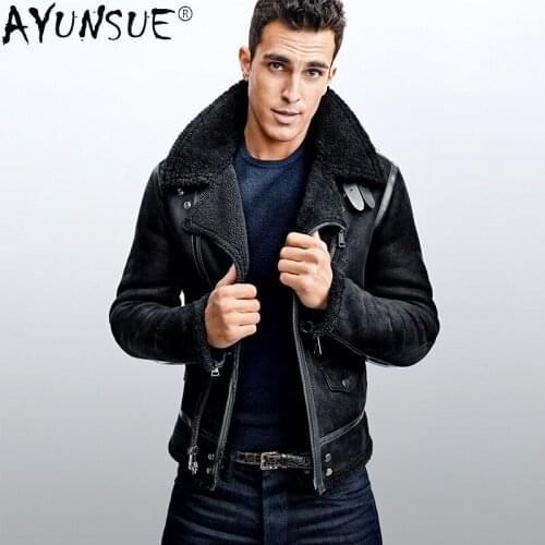 AYUNSUE Winter Jacket Mens Real Sheepskin Leather Jackets Men Clothing Motorcycle Coat Genuine Sheep Shearling Coats Ropa LXR788