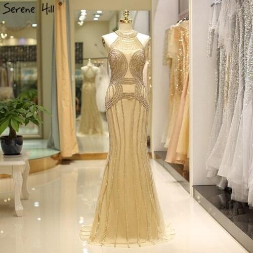 Dubai Gold Halter Sexy Prom Dresses Design 2020 Full Diamond Mermaid Luxury Prom Gwons Real Photos BLA6100