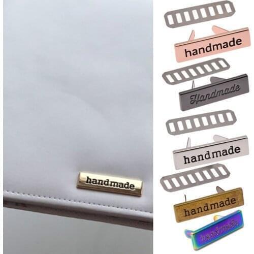 10Pcs/lot Rose Gold Color Rectangle Metal Handmade Garment Labels Tags For Clothing Bags Hand Made Letter Sewing Labels