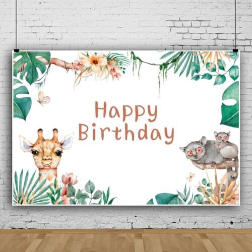 Laeacco Giraffe Tropical Jungle Animal Child Birthday Party Background Plant Flower Pattern Portrait Customized Photo Backdrops