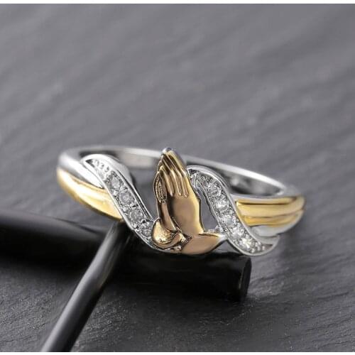 Tow-tone color rings Religious Prayer Hands Rings for women 9 2 5 Blessed Sacred Vintage Women Ring Christian Jewelry Anel
