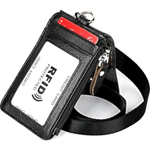 Bycobecy Genuine Leather Coin Purse Rfid Credit Card Holder Removable Lanyard Business Womens Wallet Work Card Set Zipper Bags
