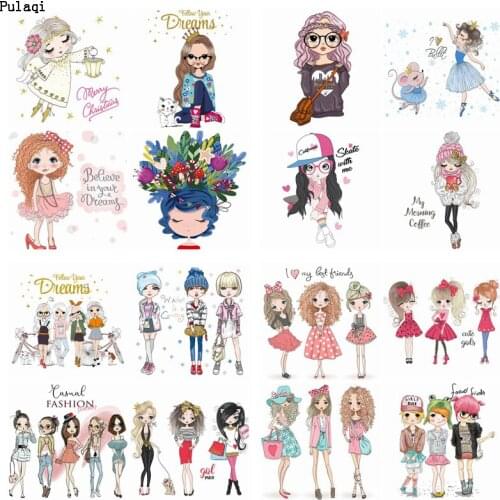 Pulaqi Beauty Girl Ironing Stickers Heat Transfer Vinyl Patch Thermal Iron On Transfer For Clothes Baby Tshirt Cartoon Badge DIY