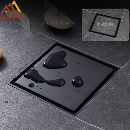 Quyanre Matte Black Square Invisible Bathroom Floor Drain Waste Grate 10X10cm Shower Drain Black Floor Drain Tile Insert Drain