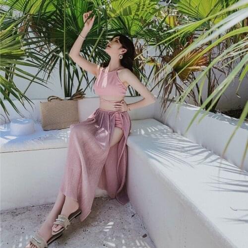 2020 new three-piece holiday hot spring swimsuit women Korean sexy halter long skirt bikini