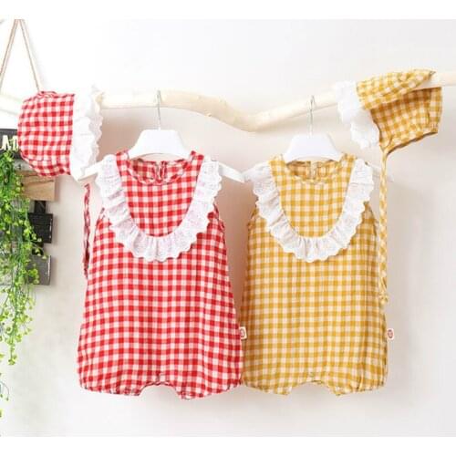 2020 NEW Baby Girls Clothes Summer Sunsuit Plaid Print Princess Rompers+ Lace Hat Brief Set Infant Outfit Girls Jumpsuit Clothes