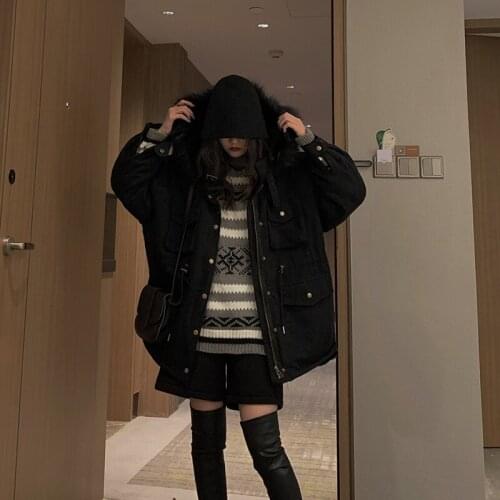 New Women Winter Fur hooded Parkas Thickness Loose Kawaii Cotton Coat Elegant 2021 Fashion Student Padded Outwear Preppy Style